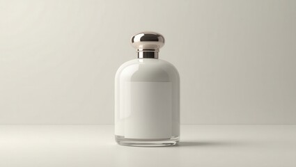 Elegant perfume bottle displays a sophisticated design, featuring a shiny silver cap atop a clear glass container, set against a neutral, soft background with subtle highlights.