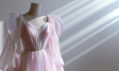 Close-up of a dramatic pink ball gown with iridescent puff sleeves, glitter, and layered ruffles. Concept of fantasy and fairytale.