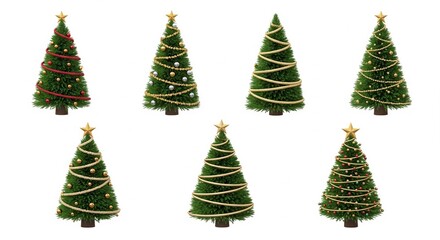 Festive collection of lush christmas trees adorned with garlands and ornaments on white background. concept of holiday decor, celebration, seasonal festivity