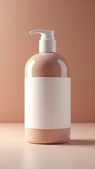 A   shot features a minimalistic cosmetic bottle with a dispenser head and blank label, set against a gradient peach backdrop, presenting a clean and modern product presentation and concept.