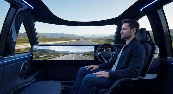 Man relaxing inside futuristic self-driving car with panoramic scenic view on road. concept of autonomous vehicle, modern technology, innovation