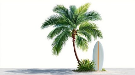 Fototapeta premium Palm tree is standing next to a surfboard. The surfboard is white and the palm tree is green