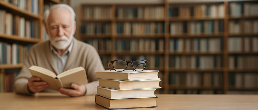 Elderly man reading in a quiet library surrounded by books and glasses on a table. concept of lifelong learning, knowledge, and relaxation, banner, copy space
