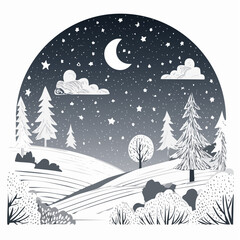 Night in forest, vector cartoon illustration. Hills and tall trees, pine forest on horizon lush bushes, clouds in starry sky. Beautiful nighttime landscape. Green plant and grass rural land background