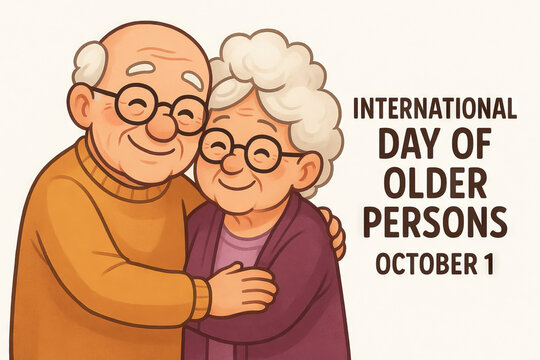 Elderly couple embracing illustration for international day of older persons celebrated on october 1. concept of love, companionship, aging with dignity, senior bonding
