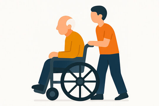Illustration of elderly care assistance icon with person helping older man in wheelchair. concept of support, compassion, health care