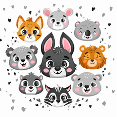 Cartoon avatar of the cute wild animals collection, smiling characters portrait isolated on white background. Emoji funny animal. Embarrassed smile emotion. Template pattern icon. Logo, sticker