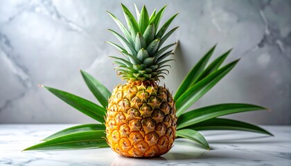Ripe, juicy pineapple displayed with its vibrant green leaves against a marbled backdrop, showcasing the tropical fruit's texture and color in a  setting, creating a fresh and appetizing presentation.