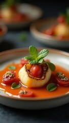Exquisite culinary presentation showcasing a creatively plated dish featuring a central, delicately seared element, surrounded by vibrant red tomato sauce, garnished with fresh green herbs and...