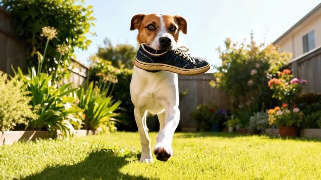 A dog walks through a sunny backyard holding a sneaker in its mouth. Bright natural light and lush greenery create a playful outdoor scene
