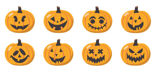 Halloween jack-o-lantern pumpkins faces set. Vector illustration of Halloween party. Spooky pumpkins