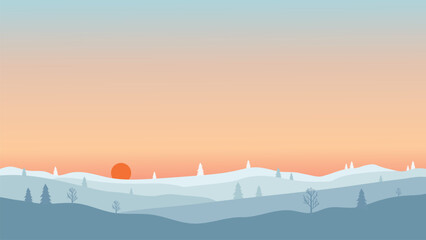 Minimalist winter sunset landscape vector background nature template with blue orange sky and copy space.