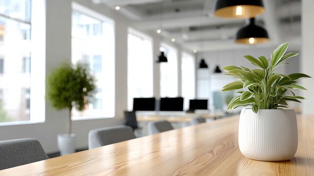 Potted plant sits on a wooden table in a large open office space. The plant is the focal point of the room, and the table is surrounded by several chairs. The room has a modern and minimalist design