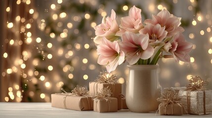Pink flowers in vase with wrapped gifts on table for celebration  