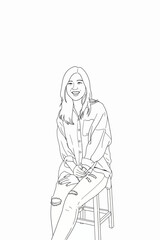 beautiful cheerful woman sitting line art illustrations