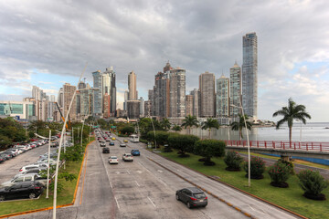 Panama City Skyline View over Coastal Road toward Punta Paitilla Towers before Sunset