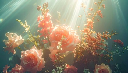 Elegant arrangement of blooming roses and wildflowers bathed in ethereal, sunlit beams, creating a serene and romantic ambiance, with a soft focus and pastel color palette.