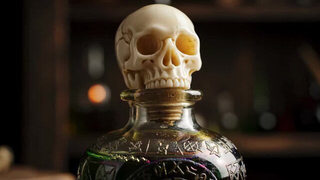 Close-up of Antique Glass Potion Bottle with Skull Stopper