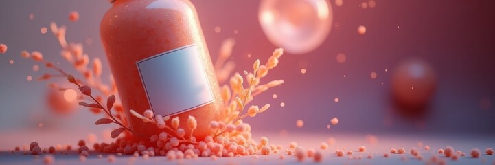 Illuminated scene showcases an opaque bottle with an empty label amidst a burst of glowing orbs and delicate floral elements, all bathed in soft, ambient lighting with a subtle gradient background,...