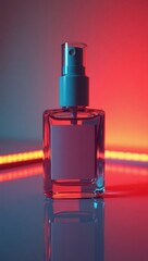 A transparent perfume bottle is centered on a reflective surface against a backdrop of vibrant red and blue color gradients, illuminated by streaks of orange light.