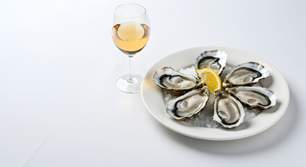 Plate of oysters with lemon slice and glass of wine for Valentine's Day