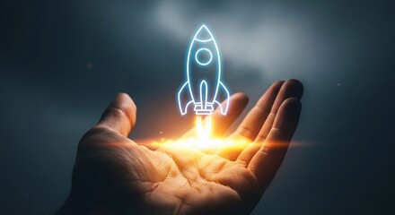 Launch your dreams skyward with a radiant neon rocket taking flight from a supportive open hand, symbolizing innovation, success, and new beginnings in a dramatic, glowing scene.