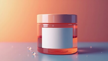 Cosmetic container displays with a white label for product information and design, surrounded by water droplets and set against a pastel, gradient background, conveying a sense of beauty and gentle...