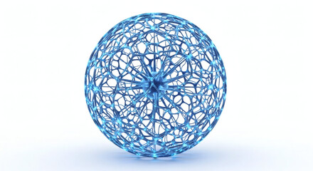 A blue spherical structure with connected lines on a white surface