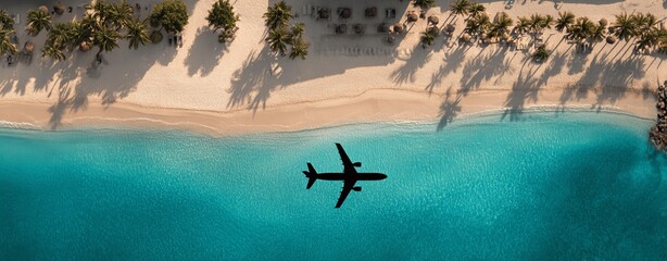 Drone view from above the plane shadow  on a beach