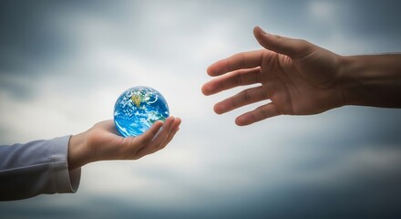 Gentle hands cradle a glowing Earth, reaching out to another hand, symbolizing connection, hope, and global responsibility for our planet.