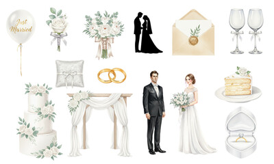 Elegant Watercolor Wedding Set – Couple, Rings, and Cake