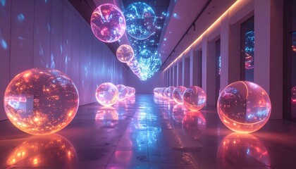 Stunning interior art installation featuring reflective spheres emitting vibrant light, suspended from the ceiling and arranged along the floor, reflecting a spectrum of pink, blue, and orange hues...