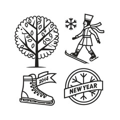 Winter themed graphic icons featuring tree snowman boot and compass for seasonal design isolated on transparent background