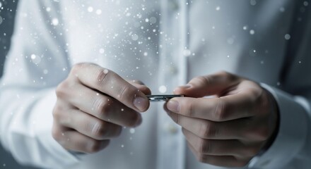 Professional hands carefully hold a small, sleek digital storage device amidst a soft, ethereal glow, symbolizing innovation and data security.