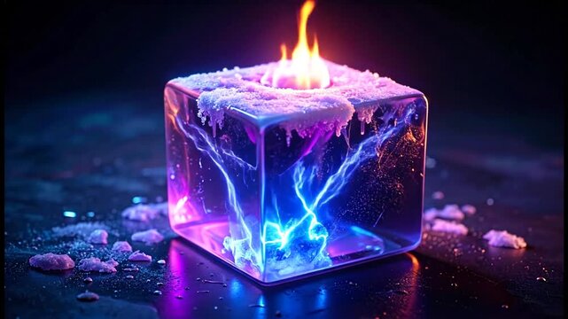 Glowing cube with flame ice and vibrant colors in a dark environment