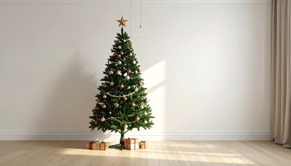 A christmas tree stands elegantly in a bright, modern room, adorned with festive gold and copper ornaments.