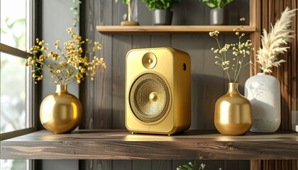 Golden audio speaker with a detailed textured cone sits atop a wooden shelf, flanked by elegant golden vases holding delicate floral arrangements, and a minimalist gray vase with ornamental grass,...