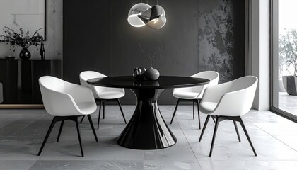 Sophisticated dining room scene featuring a modern black table complemented by four white chairs, offering a contrasting aesthetic and creating a minimalist and contemporary design, showcasing a...