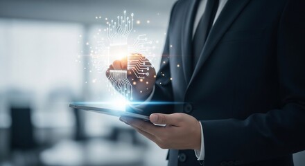 Visionary executive interacts with glowing digital circuit board interface on tablet, symbolizing innovation and future technology breakthroughs.
