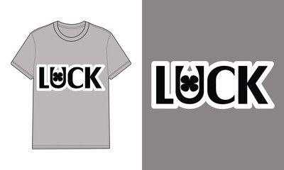 Grey t shirt with text spelling luck with clover typography