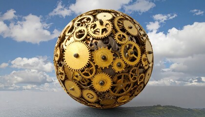 A spherical sculpture constructed from numerous mechanical gears stands prominently, showcasing intricate details and a warm, metallic color palette.