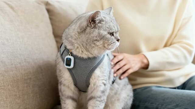 Gray cat wearing smart collar tracker sitting on sofa at home while person gently pets it, indoor lifestyle with soft natural light, close up video, slow camera movement. 4K video