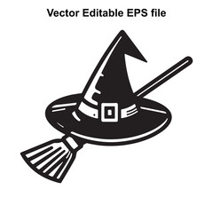 Vector art of black witch hat with buckle and broomstick