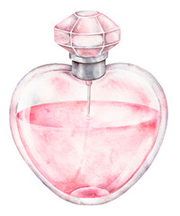 Elegant watercolor illustration of a pink heart shaped perfume bottle. Romantic element for Saint Valentines Day cards, beauty product packaging, posters, invitations, or feminine design projects.