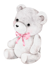 Soft grey teddy bear with pink ribbon painted in watercolor. Cute toy illustration ideal for Saint Valentines Day cards, baby shower invitations, nursery prints, or romantic gift design projects.