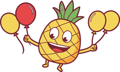 pineapple mascot flying with balloons happy celeb
