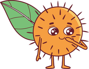 rambutan mascot hiding behind leaf shy cute fruit
