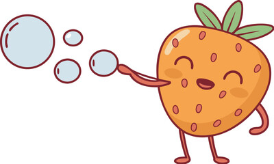 strawberry mascot blowing bubbles cute kids carto