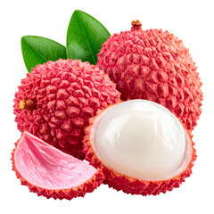 Close-up of fresh lychees with a split revealing the white fruit and green leaves