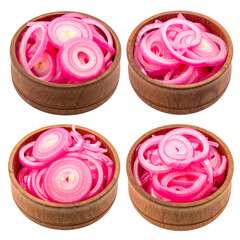 Four wooden bowls display sliced, vibrant pink onions, each differing slightly in arrangement